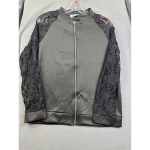Overmal Women's Black Bomber Jacket Lace Long Sleeve Zip Up Floral XXL New